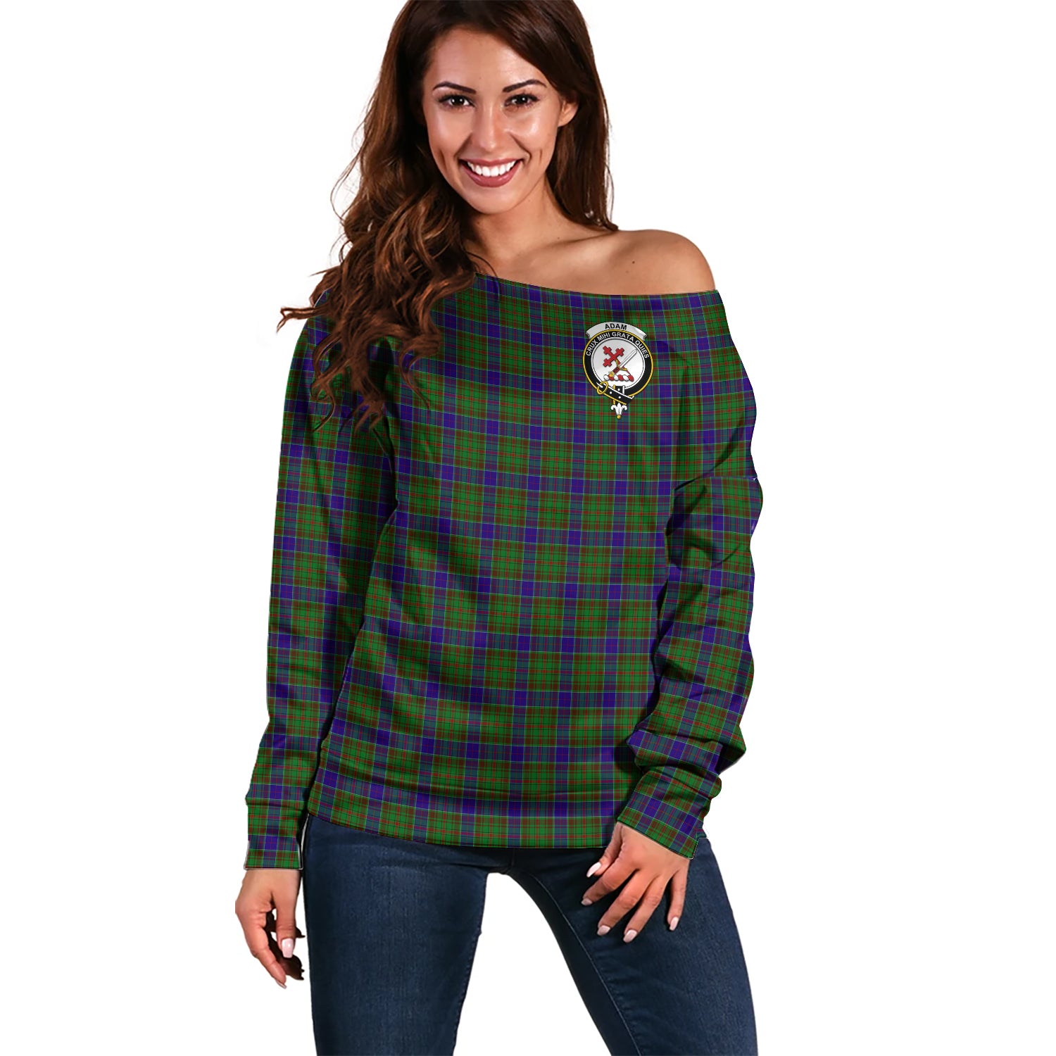 Adam Tartan Off Shoulder Women Sweater with Family Crest Women - Tartanvibesclothing