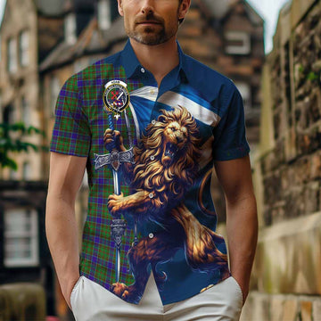 Adam Tartan Family Crest Short Sleeve Button Shirt with Scottish Majestic Lion