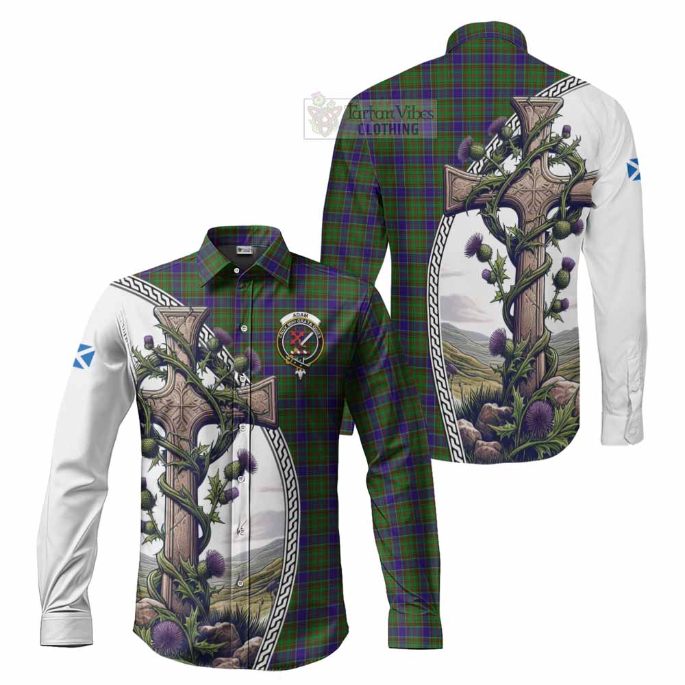 Tartan Vibes Clothing Adam Tartan Long Sleeve Button Shirt with Family Crest and St. Andrew's Cross Accented by Thistle Vines