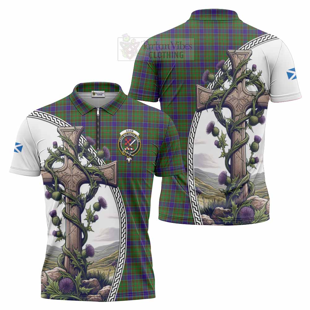 Tartan Vibes Clothing Adam Tartan Zipper Polo Shirt with Family Crest and St. Andrew's Cross Accented by Thistle Vines