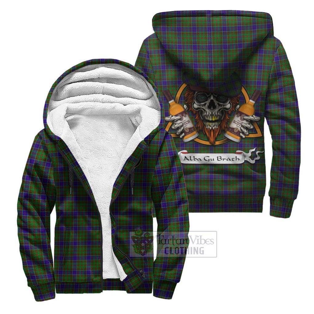 Tartan Vibes Clothing Adam Tartan Sherpa Hoodie with Family Crest and Bearded Skull Holding Bottles of Whiskey