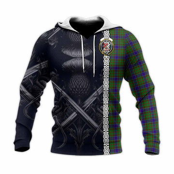 Adam Tartan Knitted Hoodie with Family Crest Cross Sword Thistle Celtic Vibes