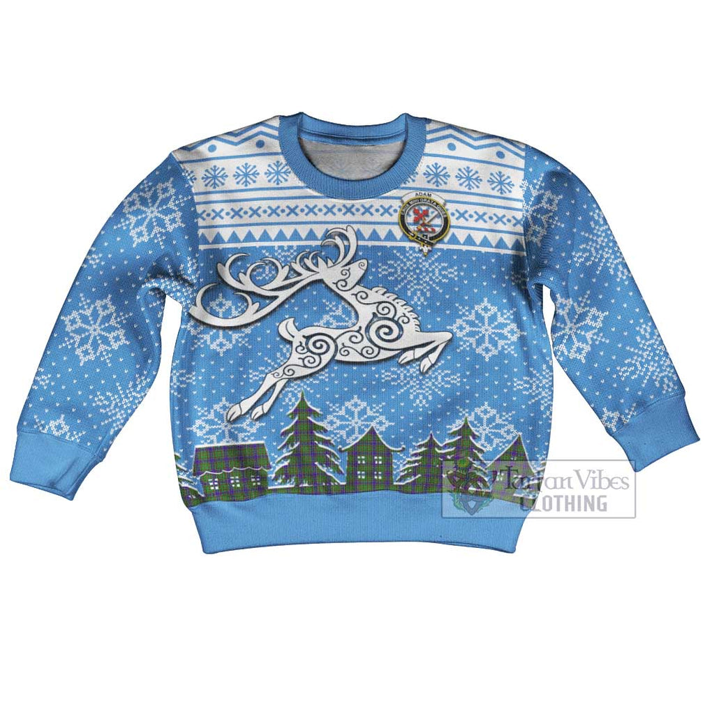 Tartan Vibes Clothing Adam Clan Christmas Kid Ugly Sweater with Tartan and Celtic Raindeer Style