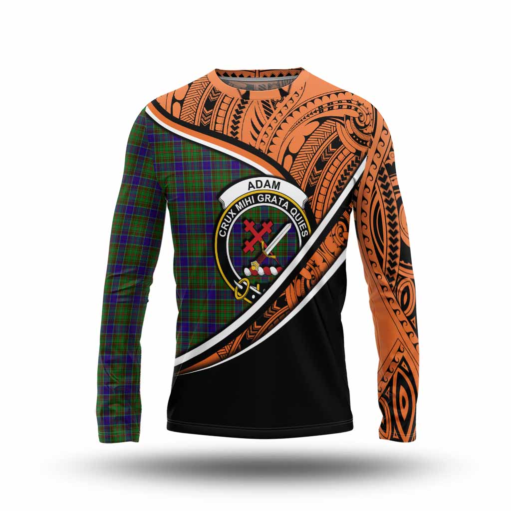 Tartan Vibes Clothing Adam Crest Tartan Long Sleeve T-Shirt with Maori Tattoo Style - Orange Version