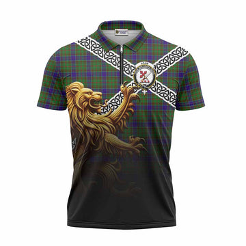 Adam Crest Tartan Zipper Polo Shirt with Golden Lion Emblem Celtic Style Unisex - Tartan Vibes Clothing