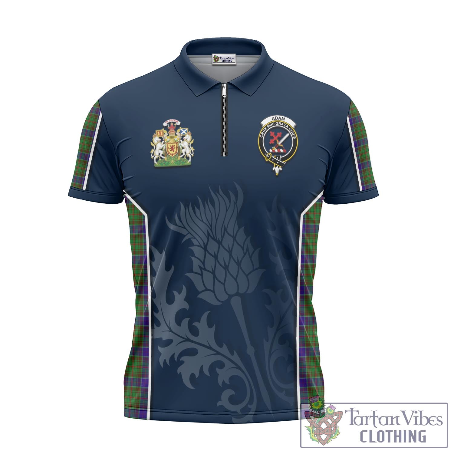 Tartan Vibes Clothing Adam Tartan Zipper Polo Shirt with Family Crest and Scottish Thistle Vibes Sport Style