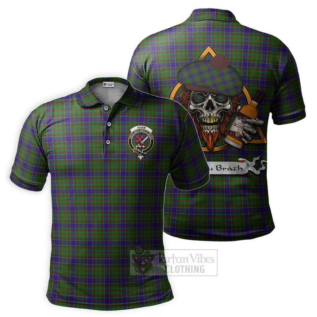 Tartan Vibes Clothing Adam Tartan Polo Shirt with Family Crest and Bearded Skull Holding Bottles of Whiskey