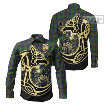 Adam Tartan Long Sleeve Button Shirt with Family Crest Celtic Wolf Style