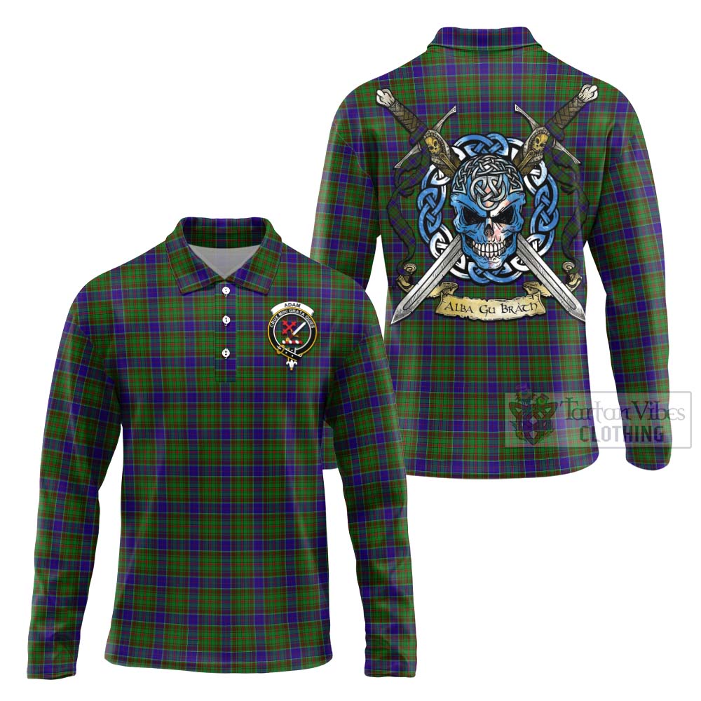 Tartan Vibes Clothing Adam Tartan Long Sleeve Polo Shirt with Family Crest Celtic Skull Style