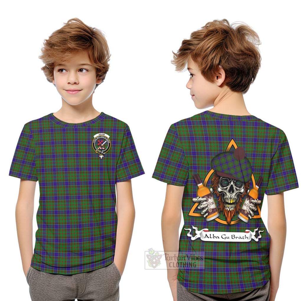 Tartan Vibes Clothing Adam Tartan Kid T-Shirt with Family Crest and Bearded Skull Holding Bottles of Whiskey