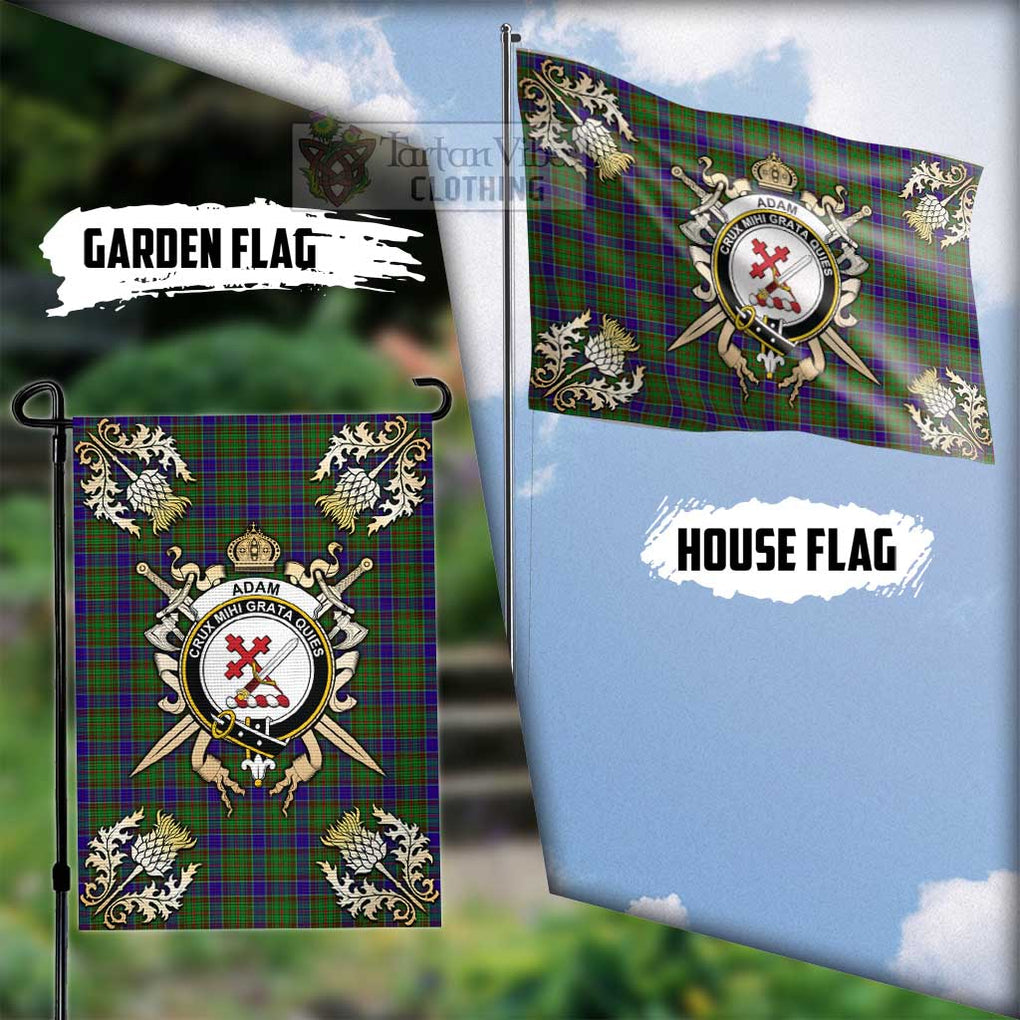 Tartan Vibes Clothing Adam Tartan Flag with Family Crest and Golden Thistle Crossed Sword Design