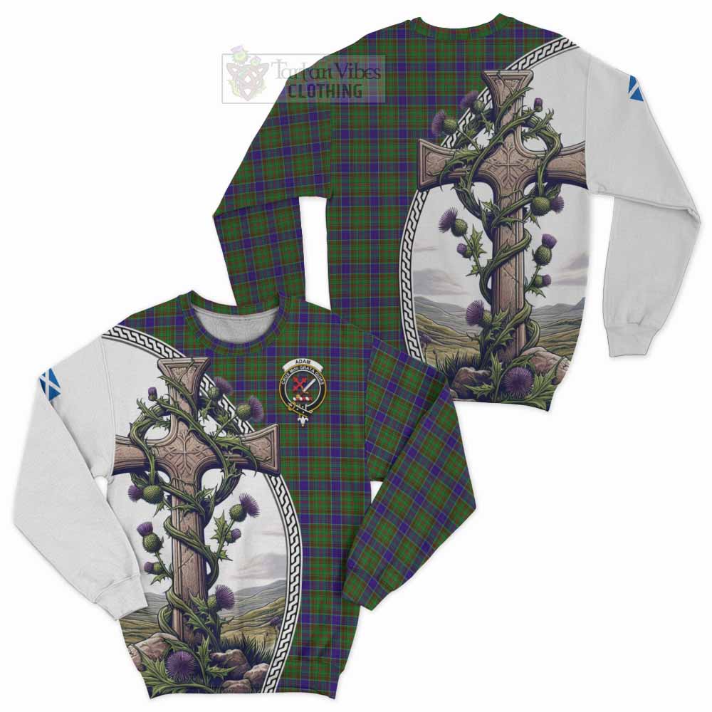 Tartan Vibes Clothing Adam Tartan Sweatshirt with Family Crest and St. Andrew's Cross Accented by Thistle Vines