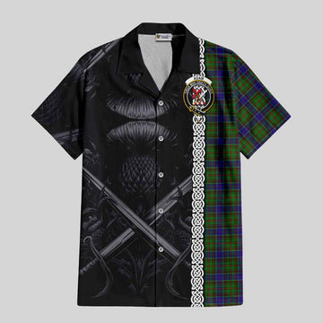 Adam Tartan Short Sleeve Button Shirt with Family Crest Cross Sword Thistle Celtic Vibes