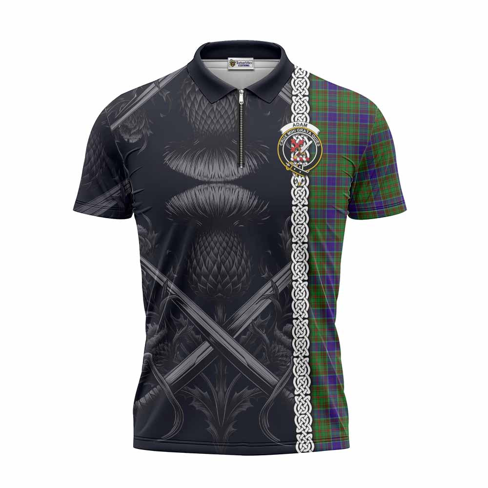 Tartan Vibes Clothing Adam Tartan Zipper Polo Shirt with Family Crest Cross Sword Thistle Celtic Vibes