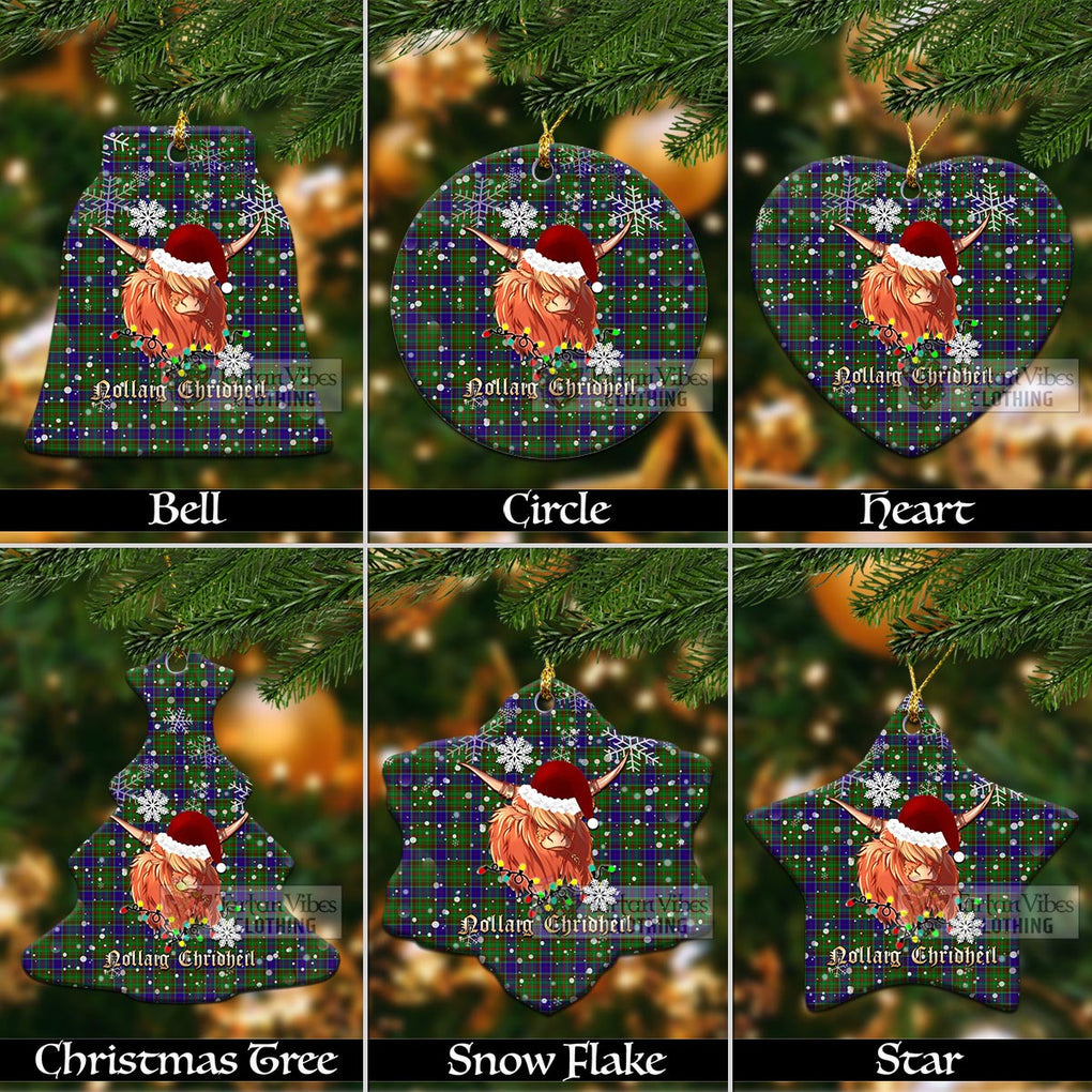 Tartan Vibes Clothing Adam Clan Tartan Ornament with Christmas Twinkle Highland Cattle