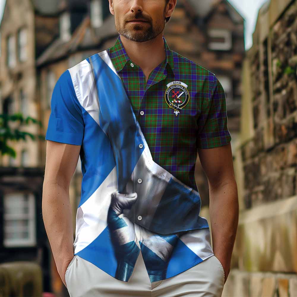 Tartan Vibes Clothing Adam Tartan Short Sleeve Button Shirt with Family Crest Scotland Patriotic Style