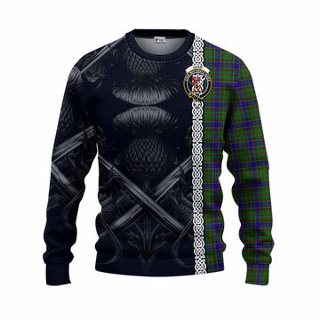 Adam Tartan Knitted Sweater with Family Crest Cross Sword Thistle Celtic Vibes