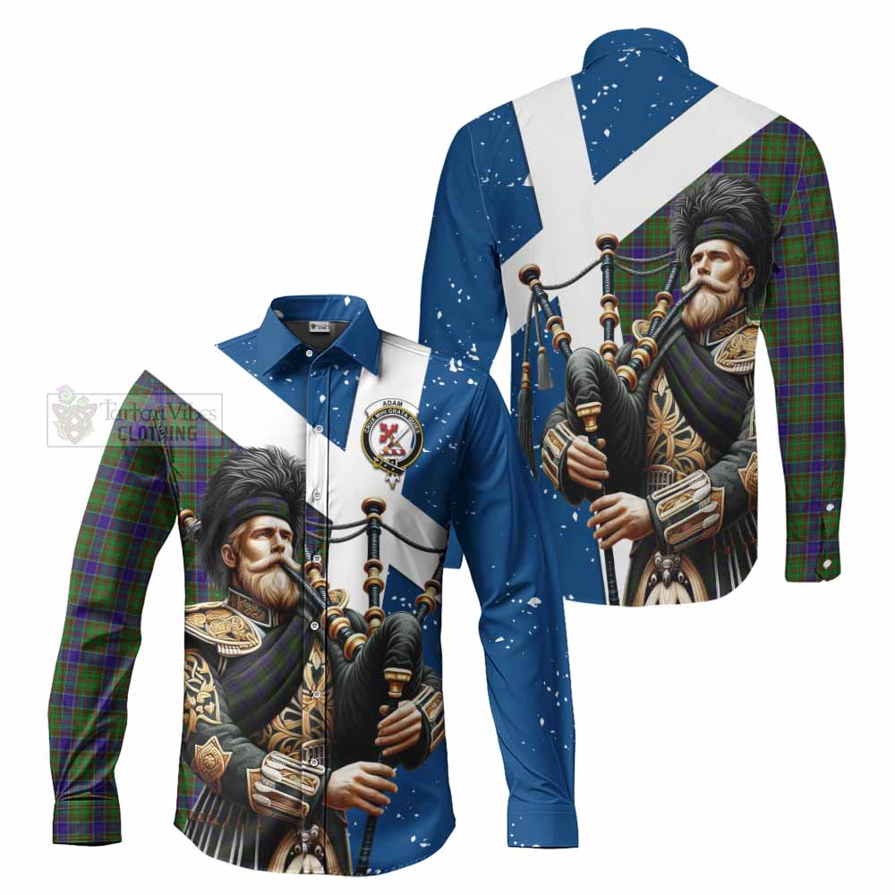 Tartan Vibes Clothing Adam Tartan Long Sleeve Button Shirt with Family Crest Scottish Bagpiper Vibes