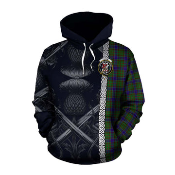 Adam Tartan Cotton Hoodie with Family Crest Cross Sword Thistle Celtic Vibes