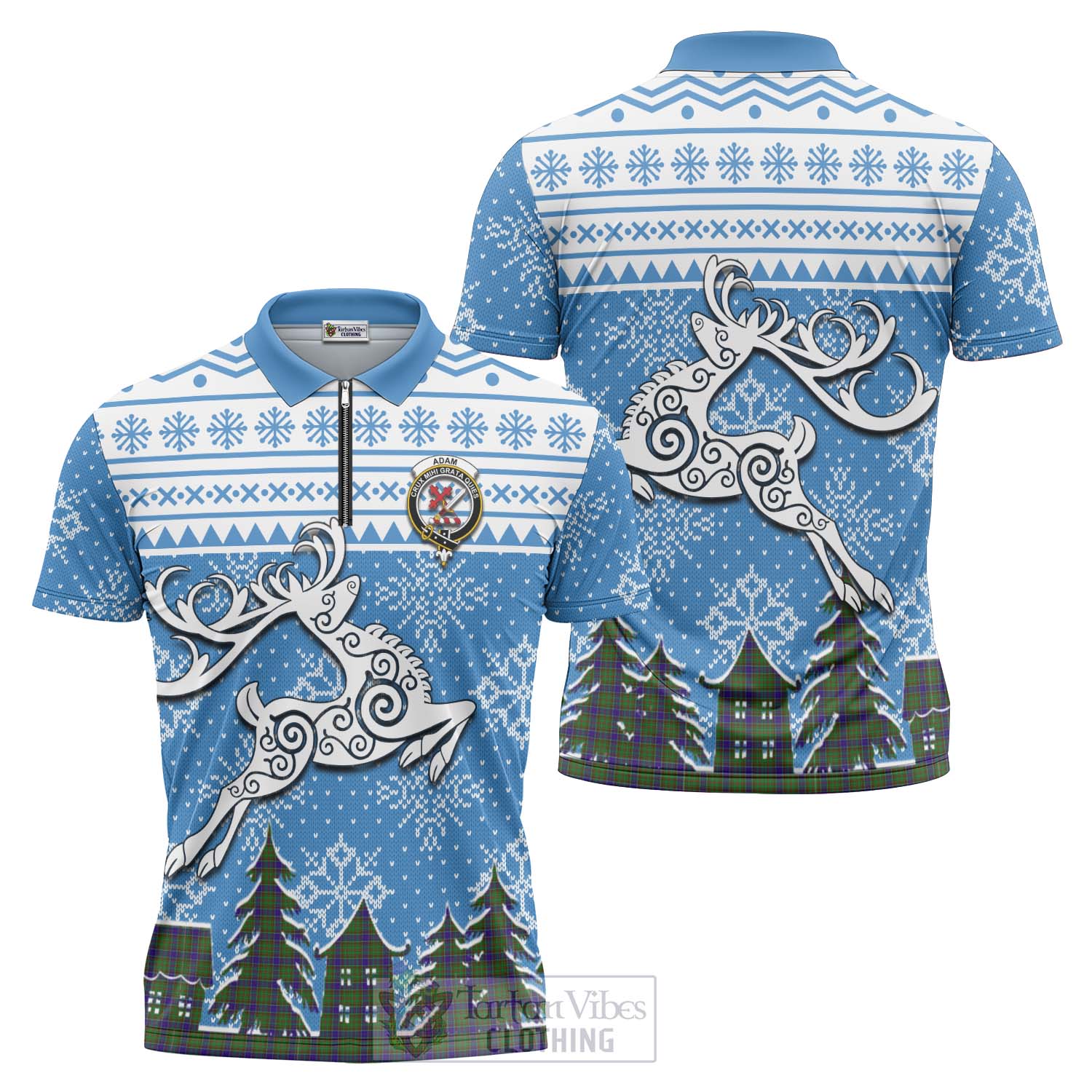 Tartan Vibes Clothing Adam Clan Christmas Zipper Polo Shirt Celtic Reindeer Style