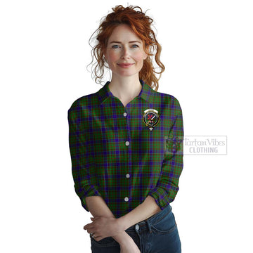 Adam Tartan Women's Casual Shirt with Family Crest and Bearded Skull Holding Bottles of Whiskey