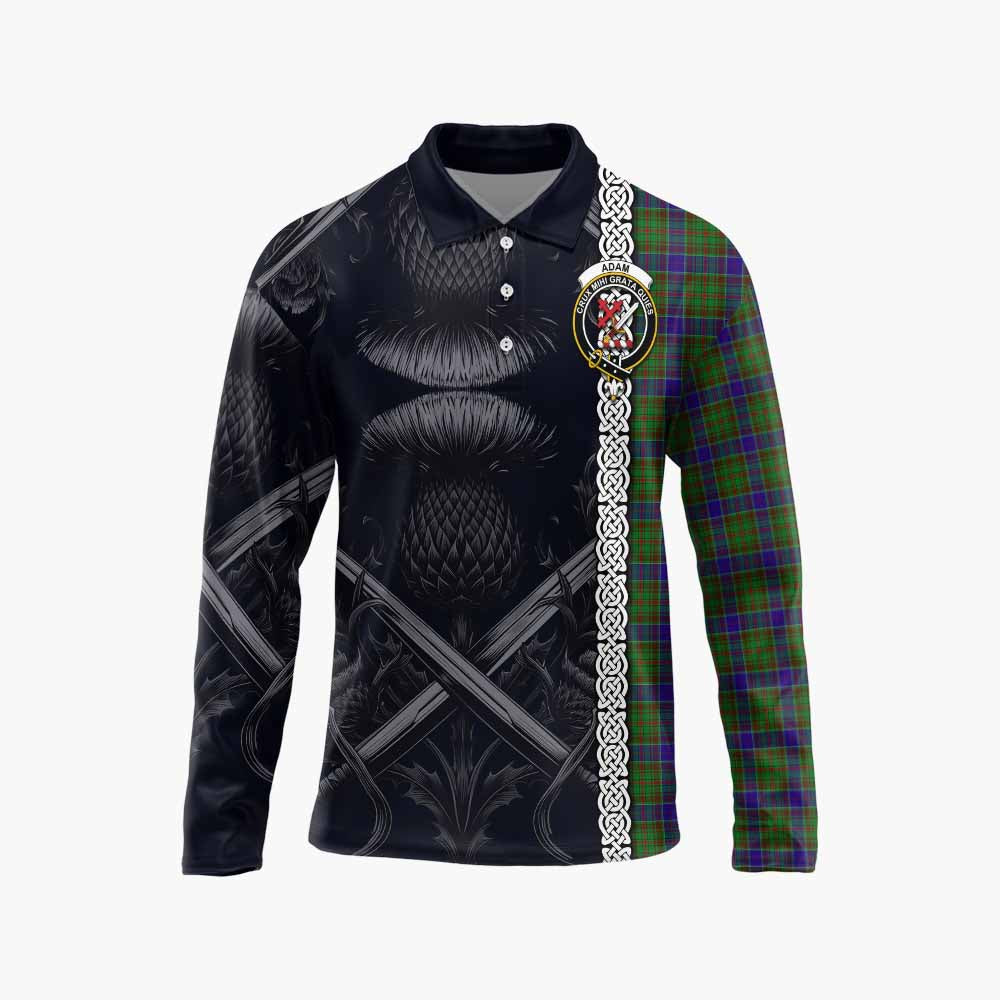 Tartan Vibes Clothing Adam Tartan Long Sleeve Polo Shirt with Family Crest Cross Sword Thistle Celtic Vibes