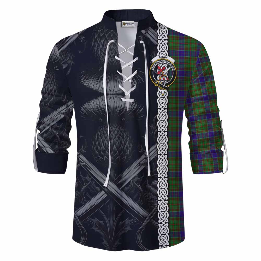 Tartan Vibes Clothing Adam Tartan Ghillie Kilt Shirt with Family Crest Cross Sword Thistle Celtic Vibes