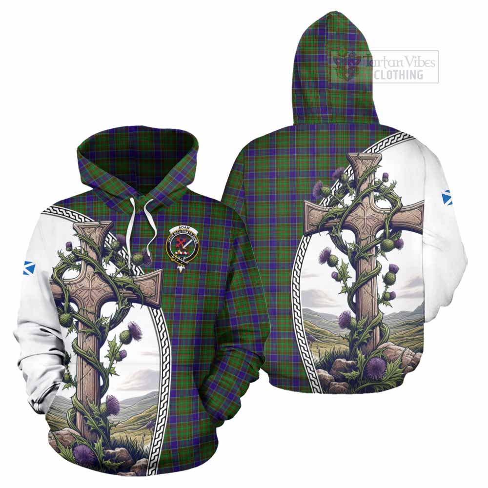 Tartan Vibes Clothing Adam Tartan Hoodie with Family Crest and St. Andrew's Cross Accented by Thistle Vines