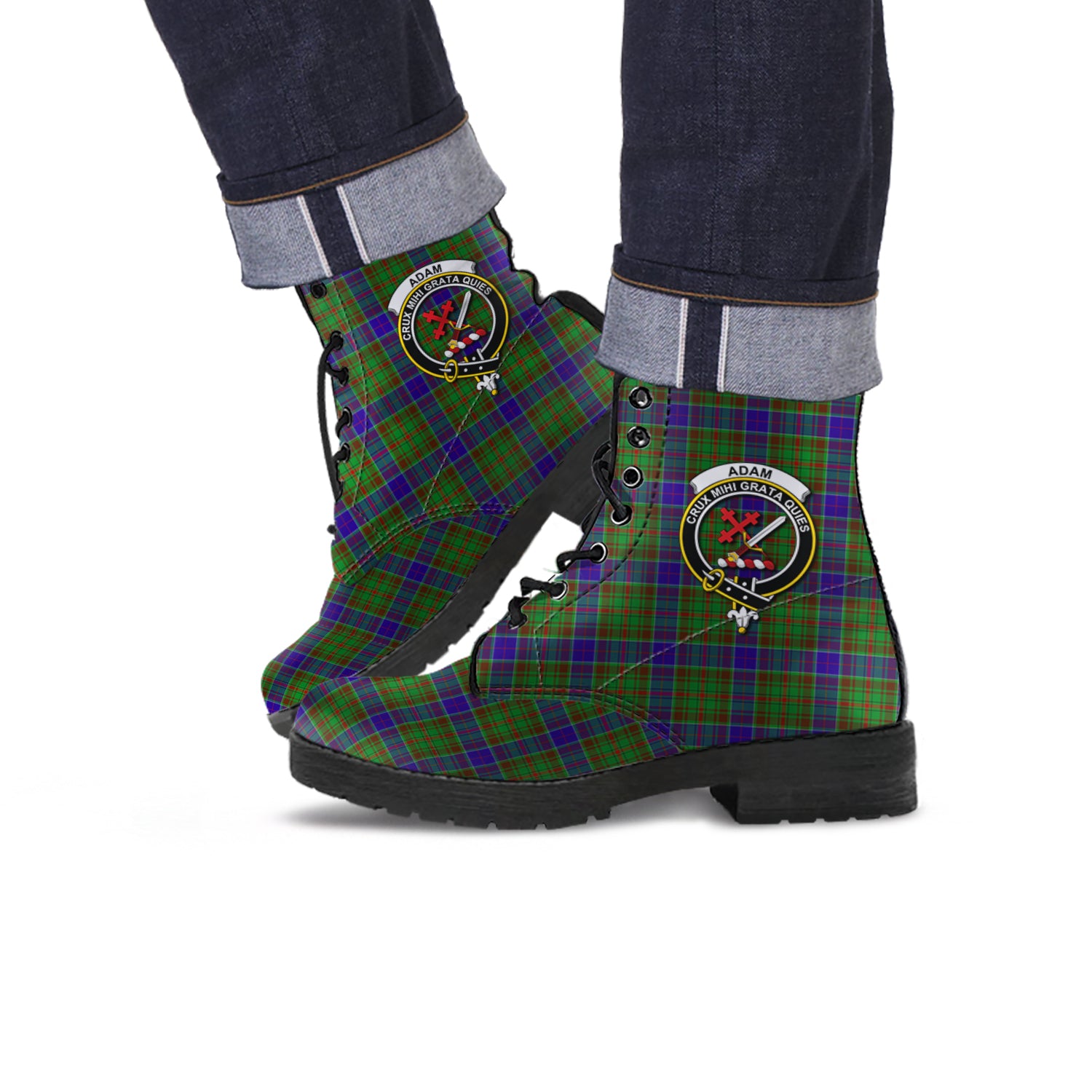 Adam Tartan Leather Boots with Family Crest - Tartanvibesclothing