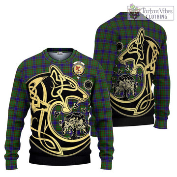 Adam Tartan Knitted Sweater with Family Crest Celtic Wolf Style