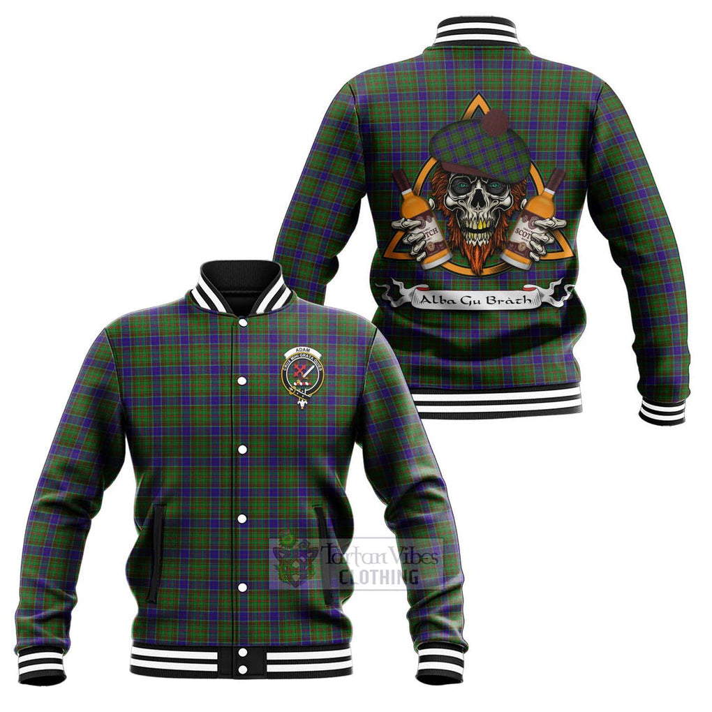 Tartan Vibes Clothing Adam Tartan Baseball Jacket with Family Crest and Bearded Skull Holding Bottles of Whiskey