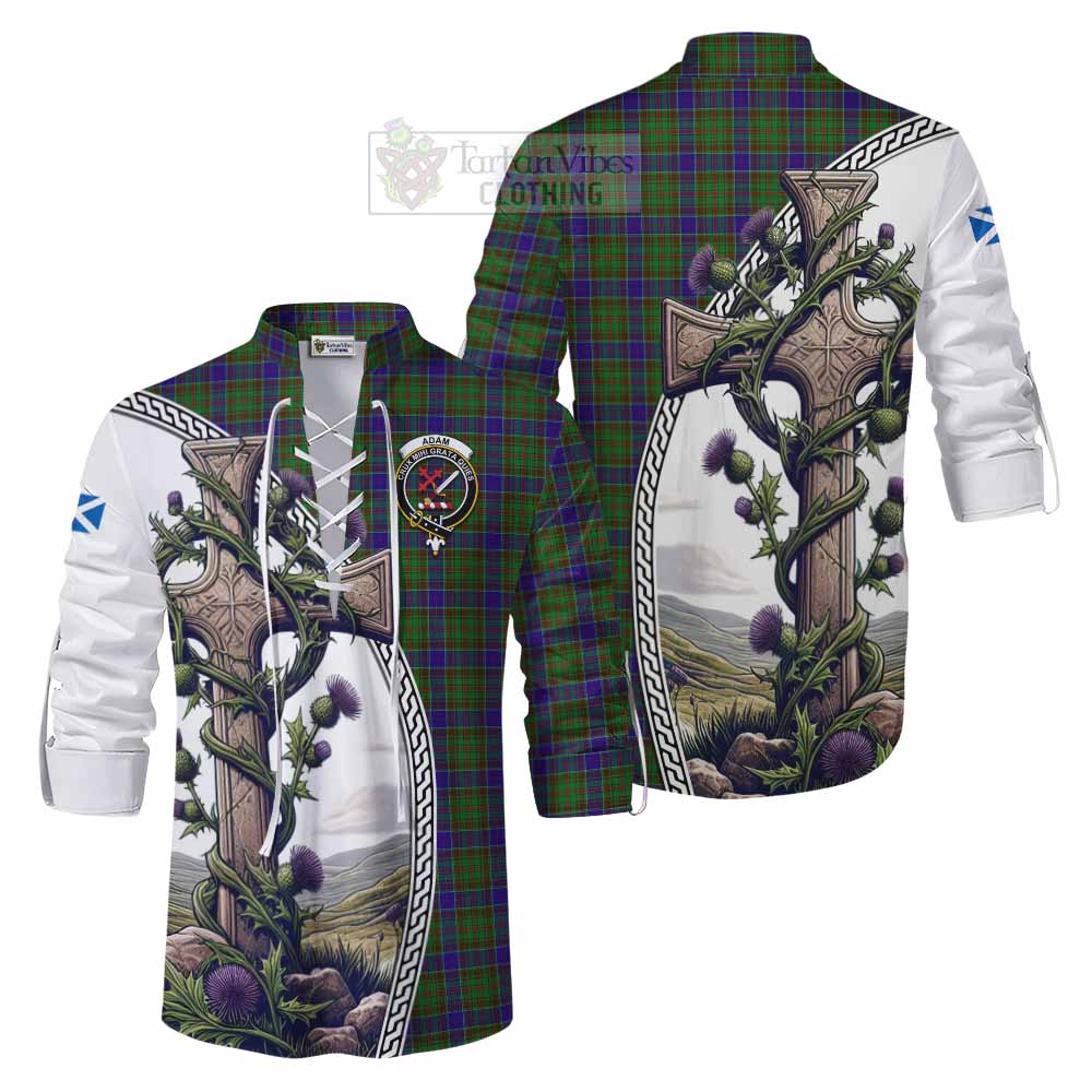 Tartan Vibes Clothing Adam Tartan Ghillie Kilt Shirt with Family Crest and St. Andrew's Cross Accented by Thistle Vines