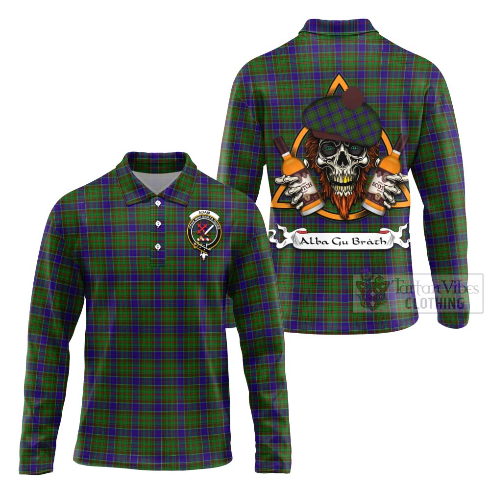 Tartan Vibes Clothing Adam Tartan Long Sleeve Polo Shirt with Family Crest and Bearded Skull Holding Bottles of Whiskey