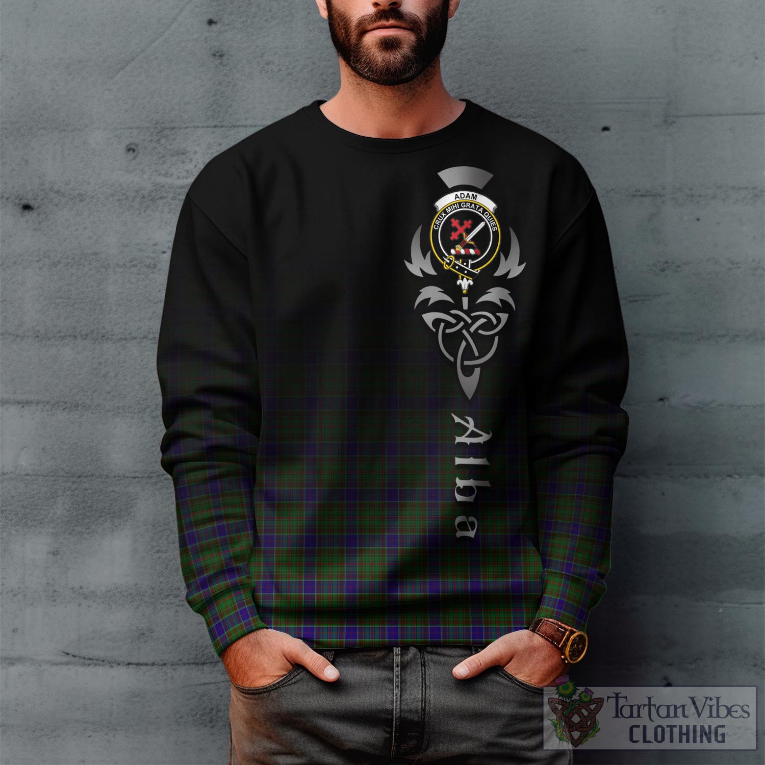 Tartan Vibes Clothing Adam Tartan Sweatshirt Featuring Alba Gu Brath Family Crest Celtic Inspired