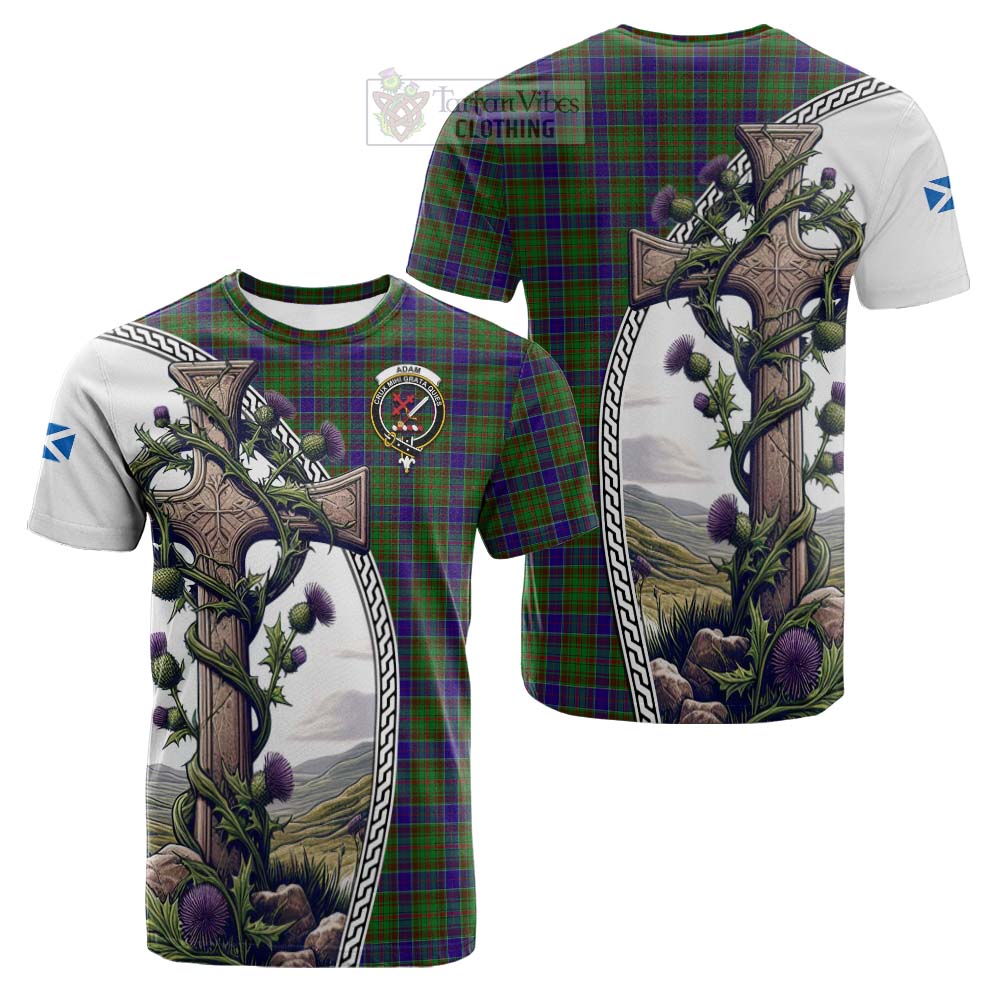 Tartan Vibes Clothing Adam Tartan Cotton T-shirt with Family Crest and St. Andrew's Cross Accented by Thistle Vines