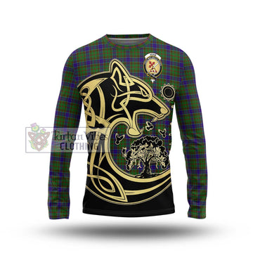 Adam Tartan Long Sleeve T-Shirt with Family Crest Celtic Wolf Style