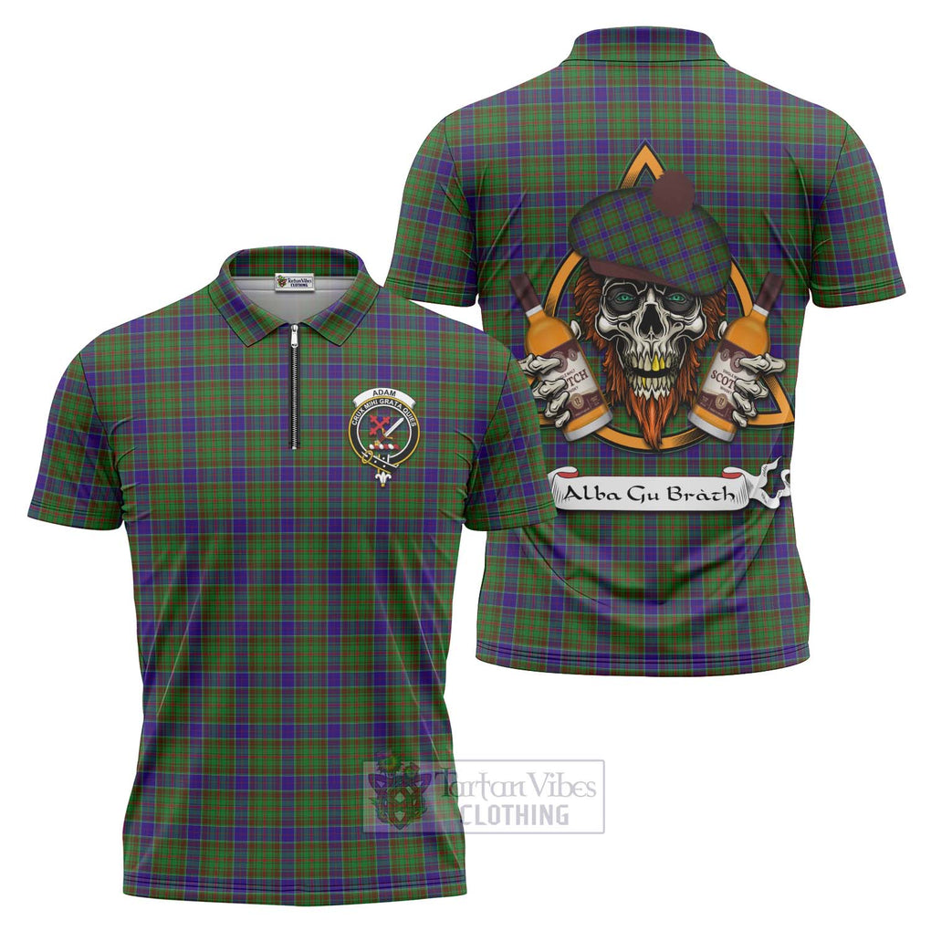 Tartan Vibes Clothing Adam Tartan Zipper Polo Shirt with Family Crest and Bearded Skull Holding Bottles of Whiskey