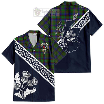 Adam Tartan Short Sleeve Button Shirt Featuring Thistle and Scotland Map