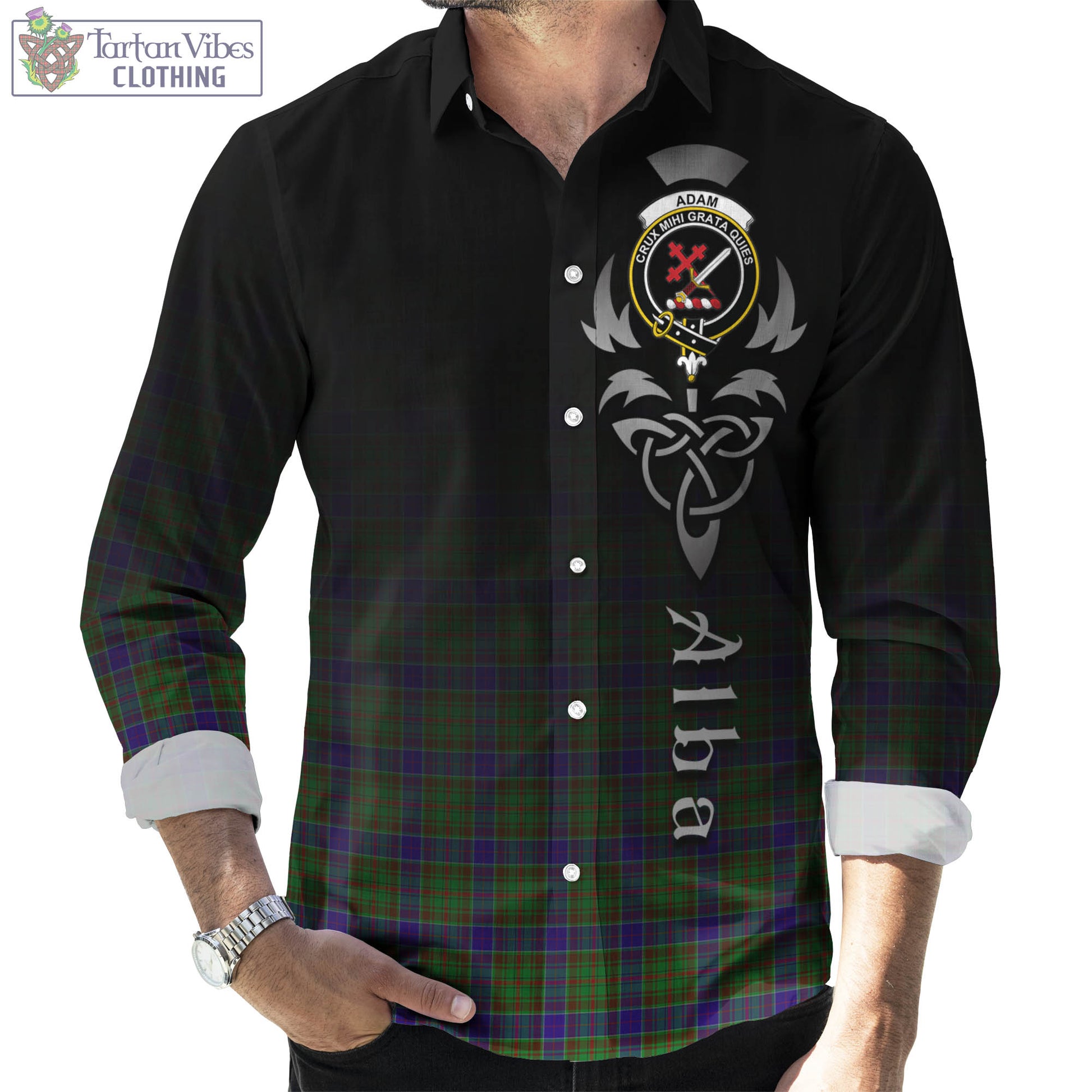 Tartan Vibes Clothing Adam Tartan Long Sleeve Button Up Featuring Alba Gu Brath Family Crest Celtic Inspired