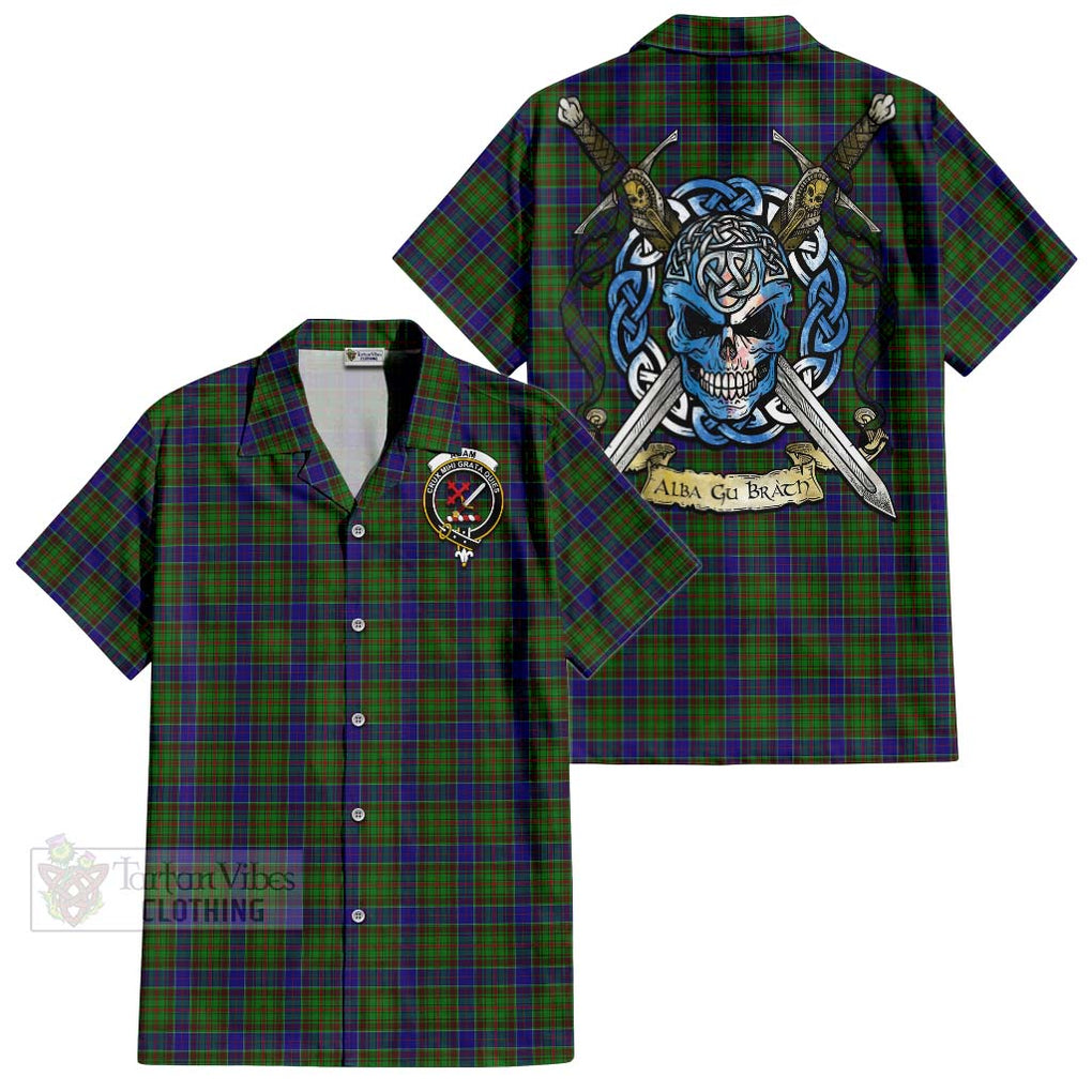 Tartan Vibes Clothing Adam Tartan Short Sleeve Button Shirt with Family Crest Celtic Skull Style