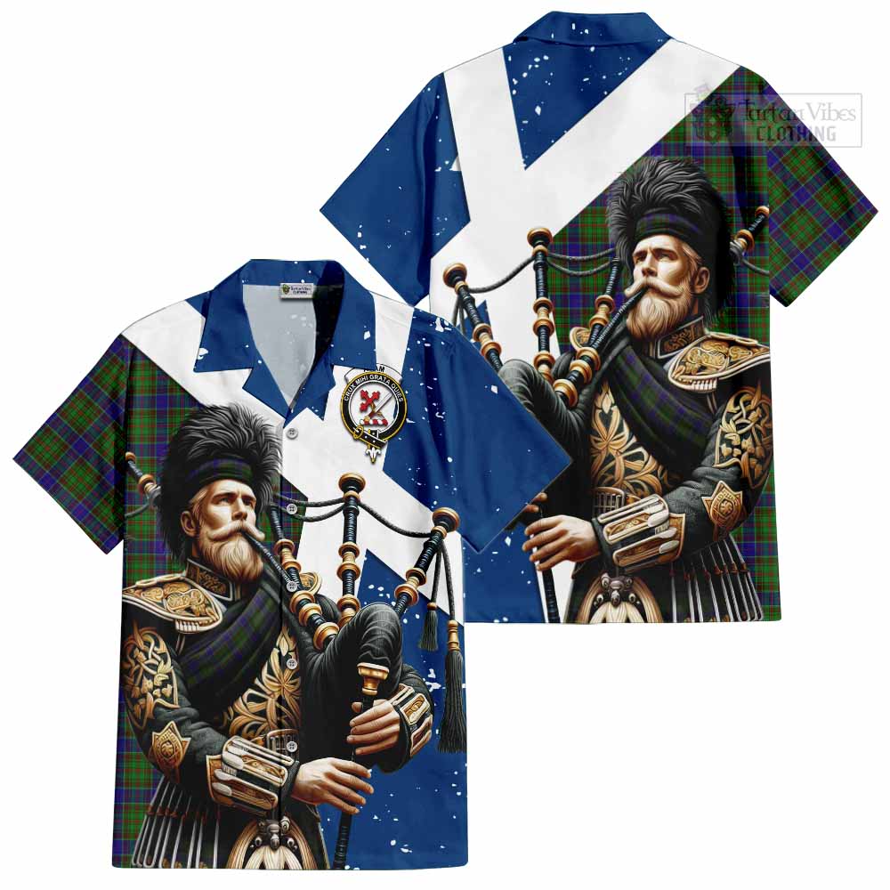 Tartan Vibes Clothing Adam Tartan Short Sleeve Button Shirt with Family Crest Scottish Bagpiper Vibes