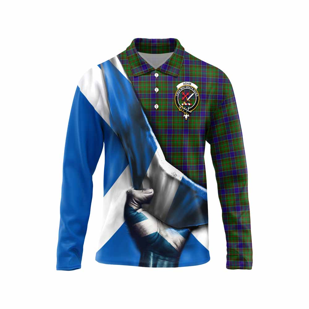 Tartan Vibes Clothing Adam Tartan Long Sleeve Polo Shirt with Family Crest Scotland Patriotic Style