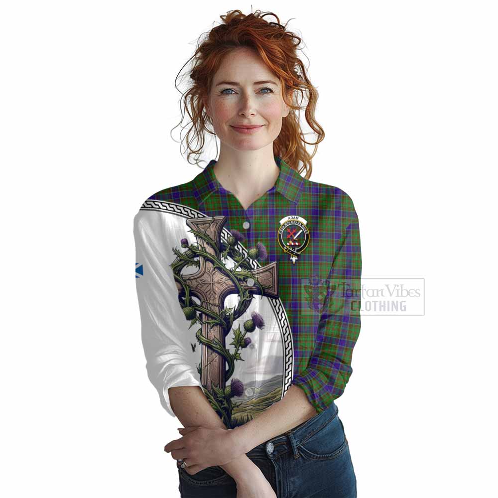 Tartan Vibes Clothing Adam Tartan Women's Casual Shirt with Family Crest and St. Andrew's Cross Accented by Thistle Vines