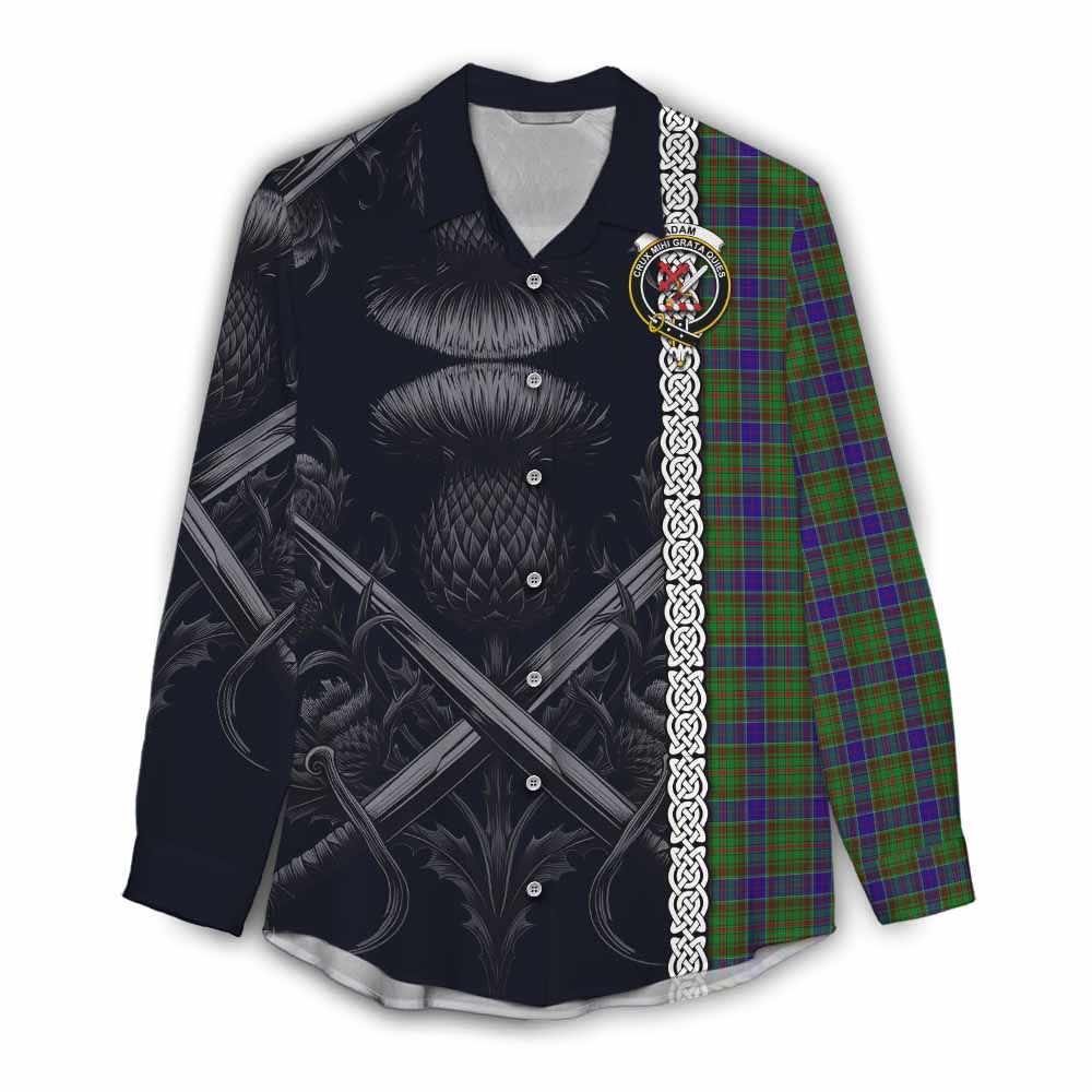 Tartan Vibes Clothing Adam Tartan Women's Casual Shirt with Family Crest Cross Sword Thistle Celtic Vibes