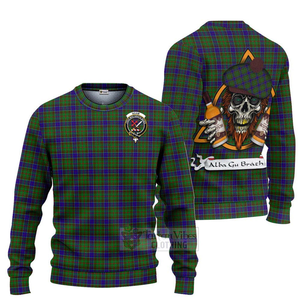 Tartan Vibes Clothing Adam Tartan Knitted Sweater with Family Crest and Bearded Skull Holding Bottles of Whiskey