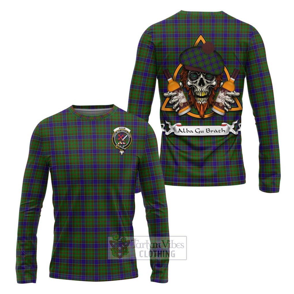 Tartan Vibes Clothing Adam Tartan Long Sleeve T-Shirt with Family Crest and Bearded Skull Holding Bottles of Whiskey