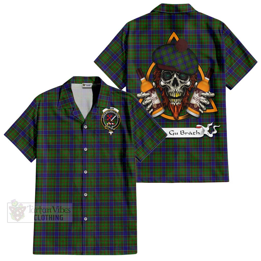 Tartan Vibes Clothing Adam Tartan Short Sleeve Button Shirt with Family Crest and Bearded Skull Holding Bottles of Whiskey