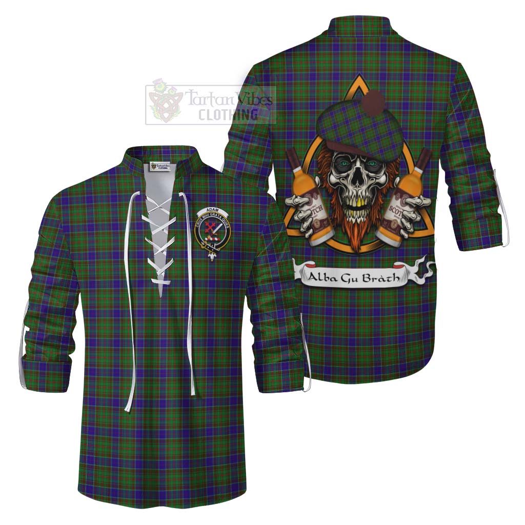 Tartan Vibes Clothing Adam Tartan Ghillie Kilt Shirt with Family Crest and Bearded Skull Holding Bottles of Whiskey