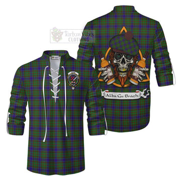 Adam Tartan Ghillie Kilt Shirt with Family Crest and Bearded Skull Holding Bottles of Whiskey