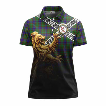 Adam Crest Tartan Women's Polo Shirt with Golden Lion Emblem Celtic Style Women - Tartan Vibes Clothing